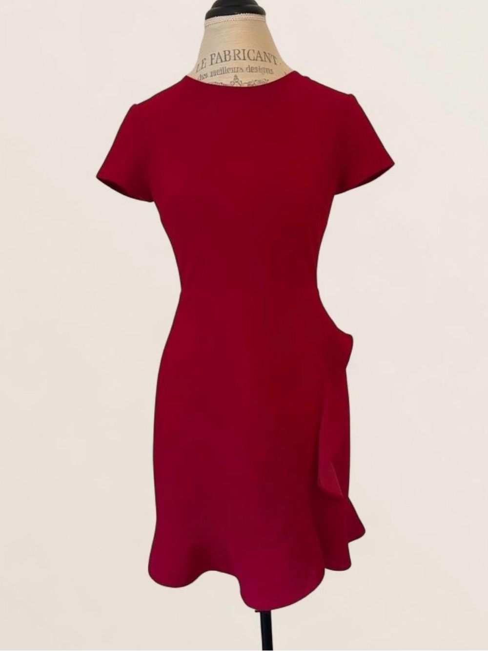 Club Monaco Red Short-Sleeve Midi Sheath Dress with Side Ruffle